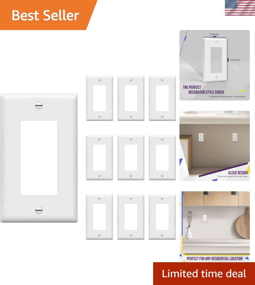 Impact-Resistant Glossy Wall Plates, 1-Gang, 10 Pack – Heat & Fade Resistant