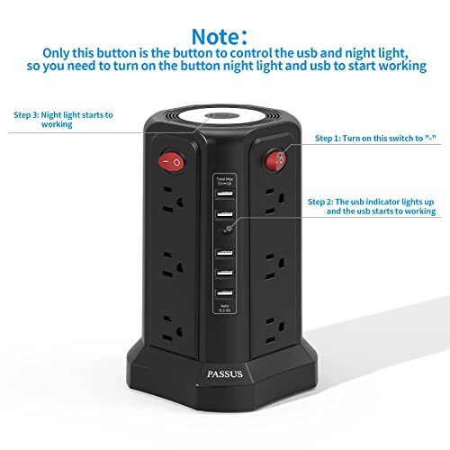 Surge Protector Power Strip Tower with 5 USB Ports and Night Assorted Styles