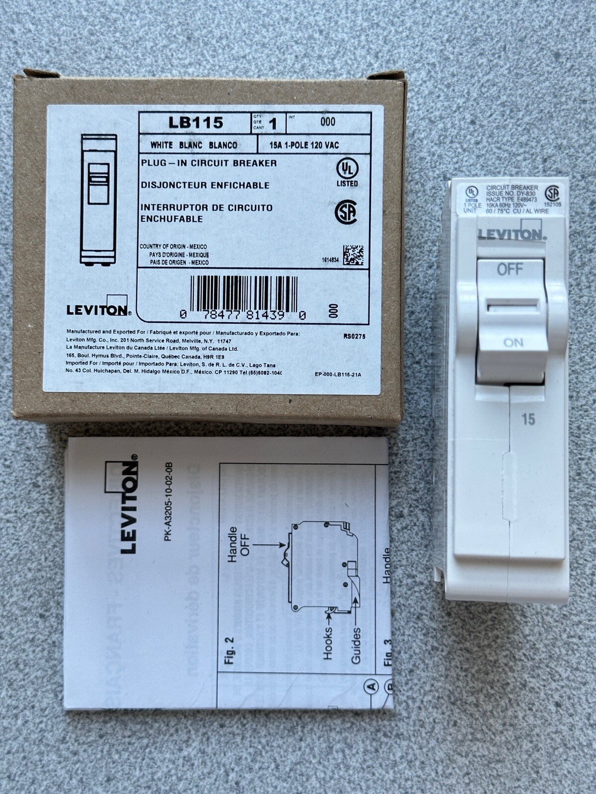 NEW Leviton LB115 Plug-In Circuit Breaker, 15A, 1 Pole, 120VAC