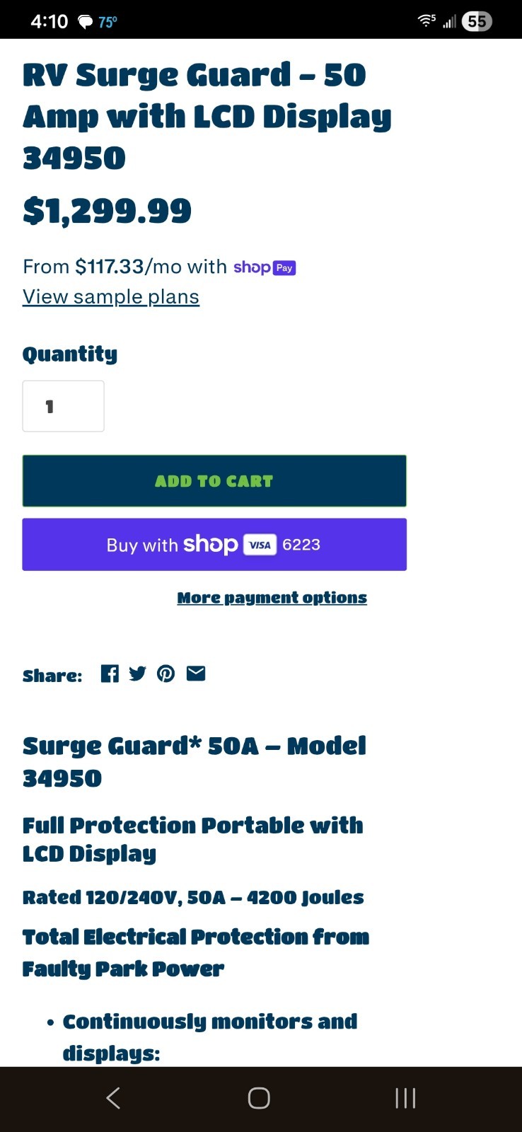 Southwire Surge Guard RV 50A Surge Protector 4200J LCD Model 34950 120/250V
