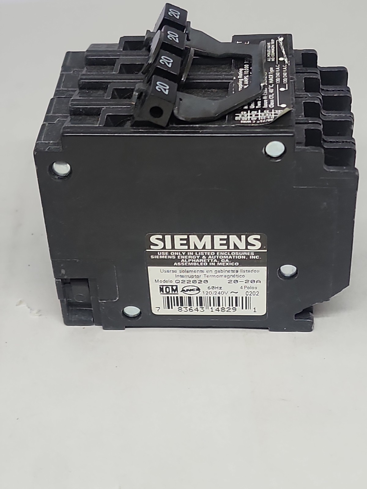 Siemens Q22020 Type QT 20 Amp Triplex Double Pole Single Pole Circuit Breaker