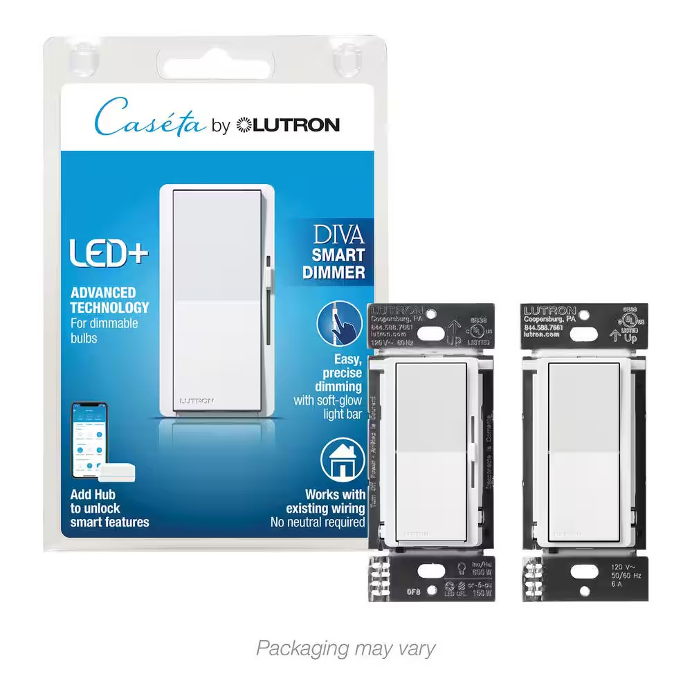 Diva Smart Dimmer Switch for Caseta, 150W LED, W/Claro Accessory Switch (3-Way K