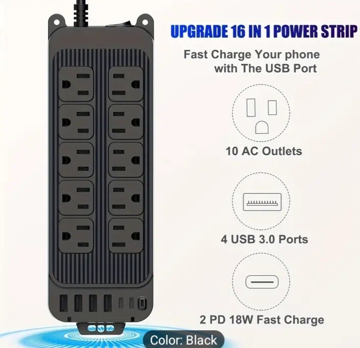 Power Surge Protector with 10 Outlets & 4 USB Ports & 2 USB-C Port (5V/3A),
