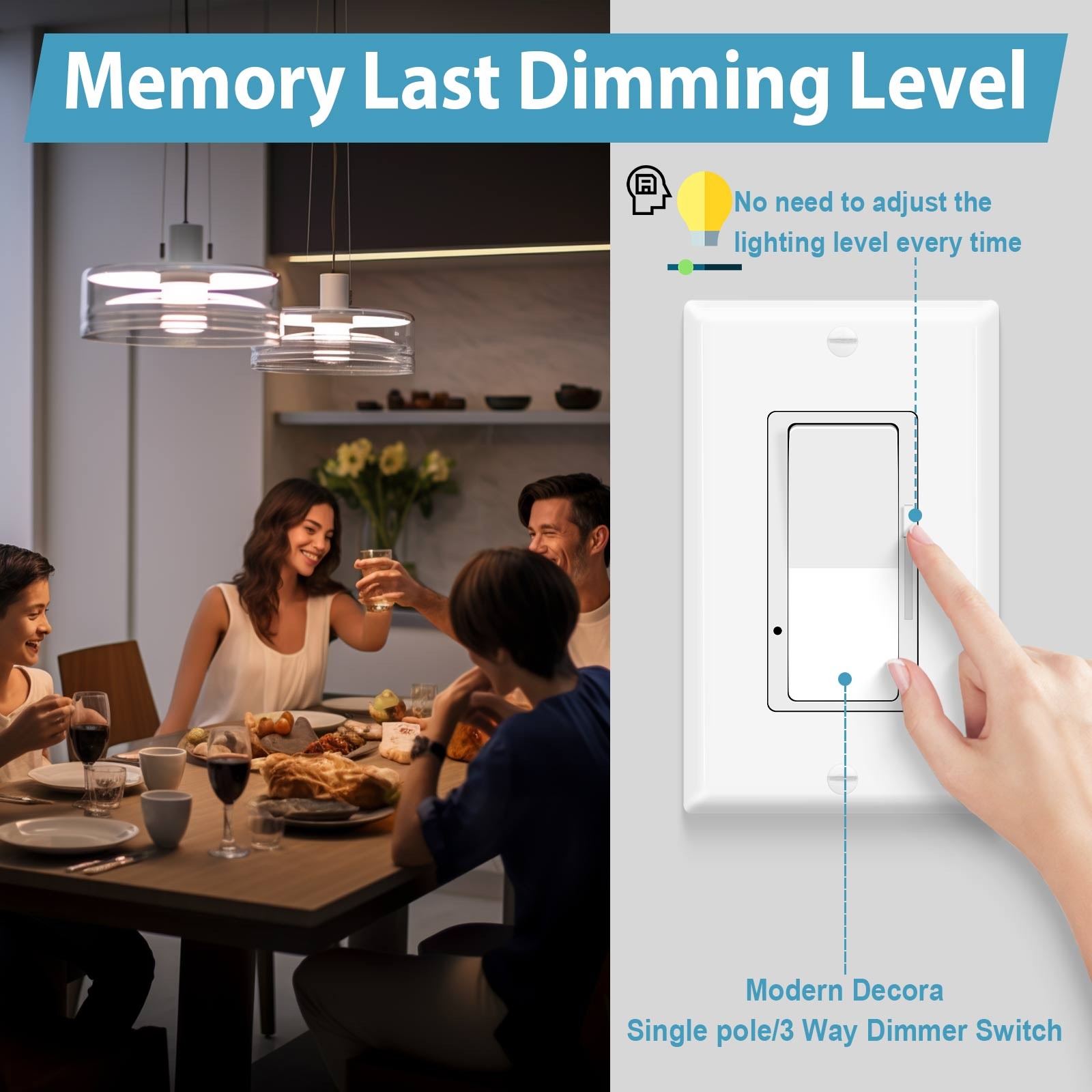 Slide Dimmer Switch for LED CFL Bulbs, 3-Way or Single Pole, No Neutral Wire 2PK