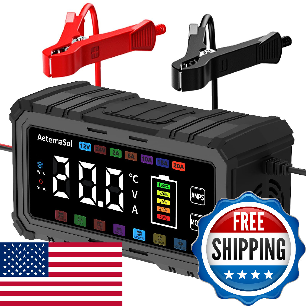 Aeternasol 20A Smart Car Battery Charger 12V/24V Battery Charger Automatic
