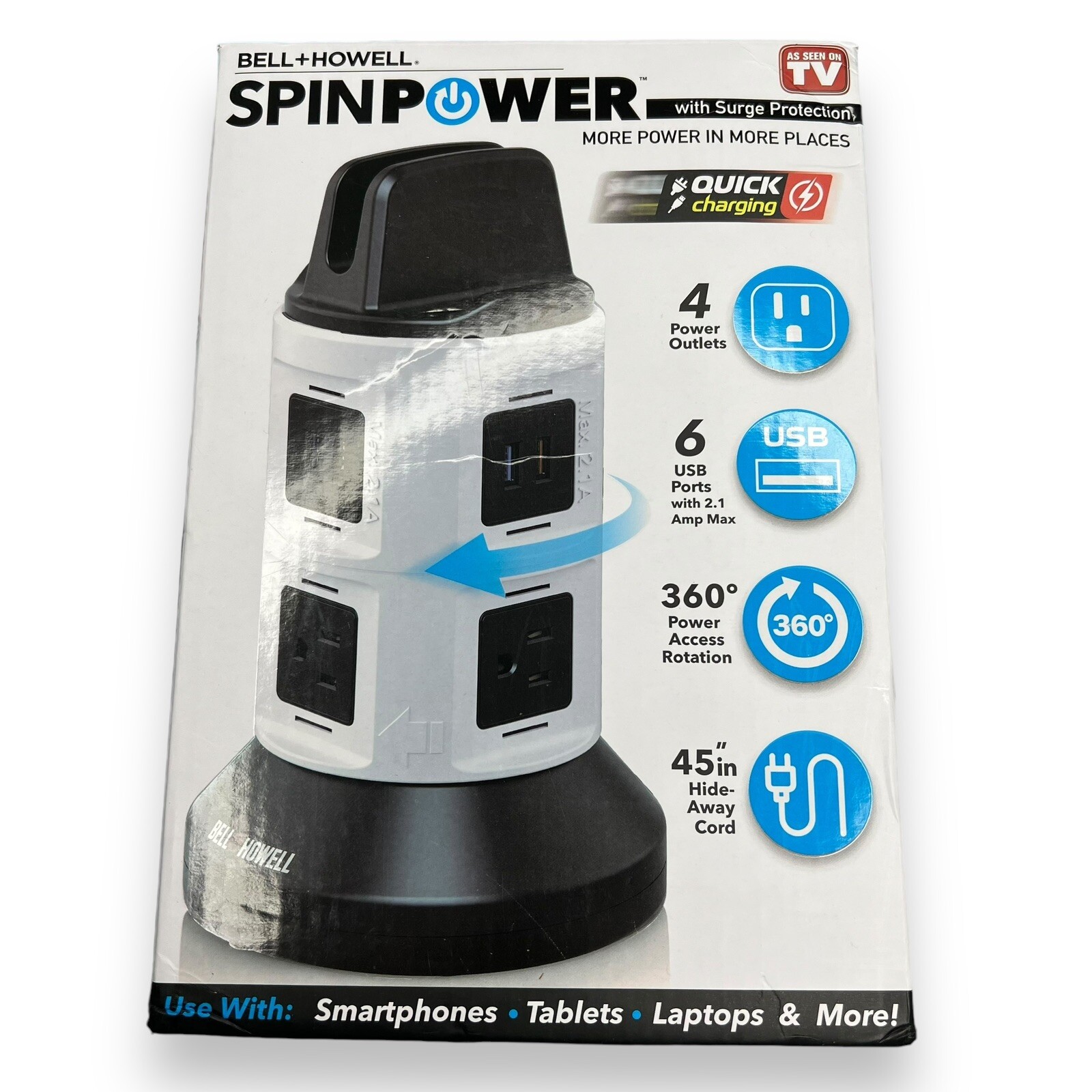 Bell + Howell 360 Degree Spin Power Pro Tower with 4 Outlets and 6 USB Ports