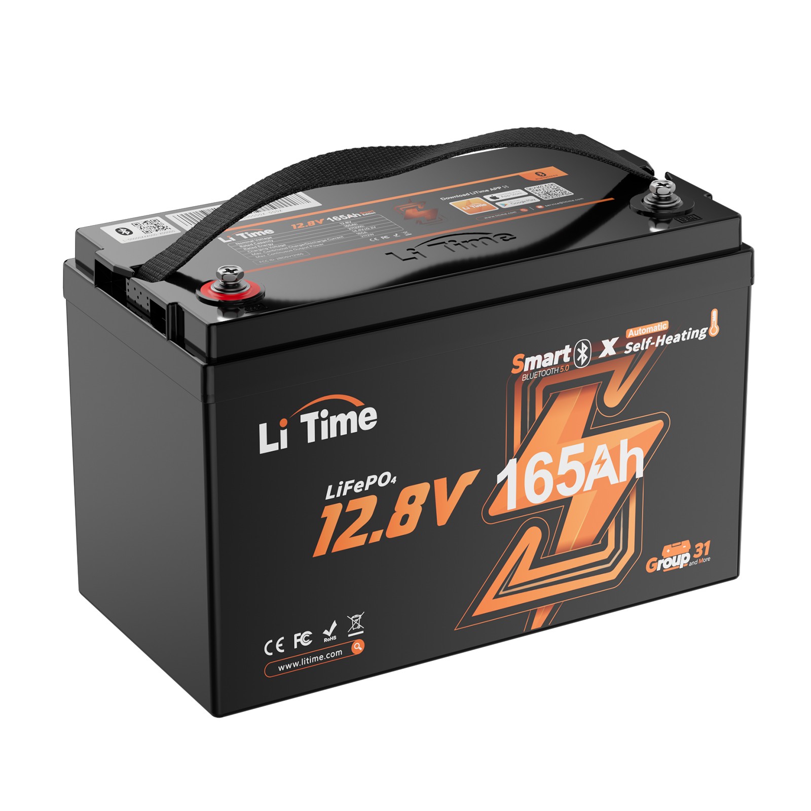 Refurbished LiTime 12V 165Ah Bluetooth Heating Group 31 LiFePO4 Lithium Battery
