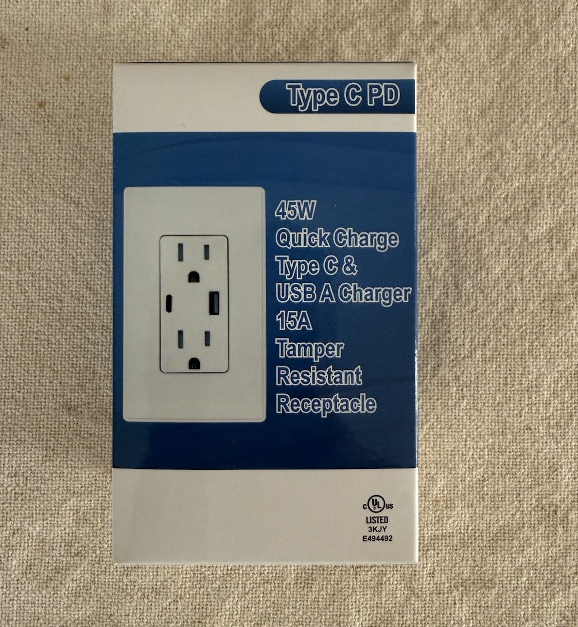 Type C PD 45W USB-C/USB-A 15A Tamper Resistant Duplex Outlet, White