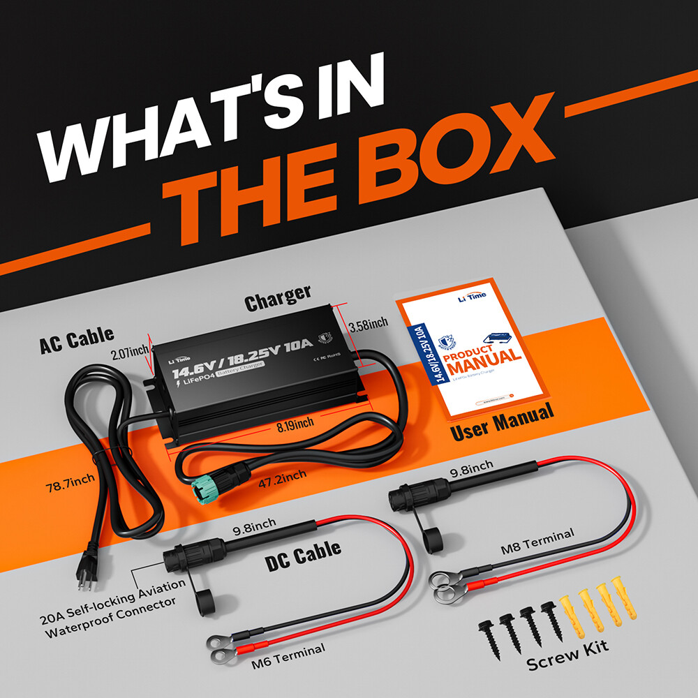 LiTime 12V(14.6V)&16V(18.25V) 10A Smart Charger for LiFePO4 Lithium Battery IP65