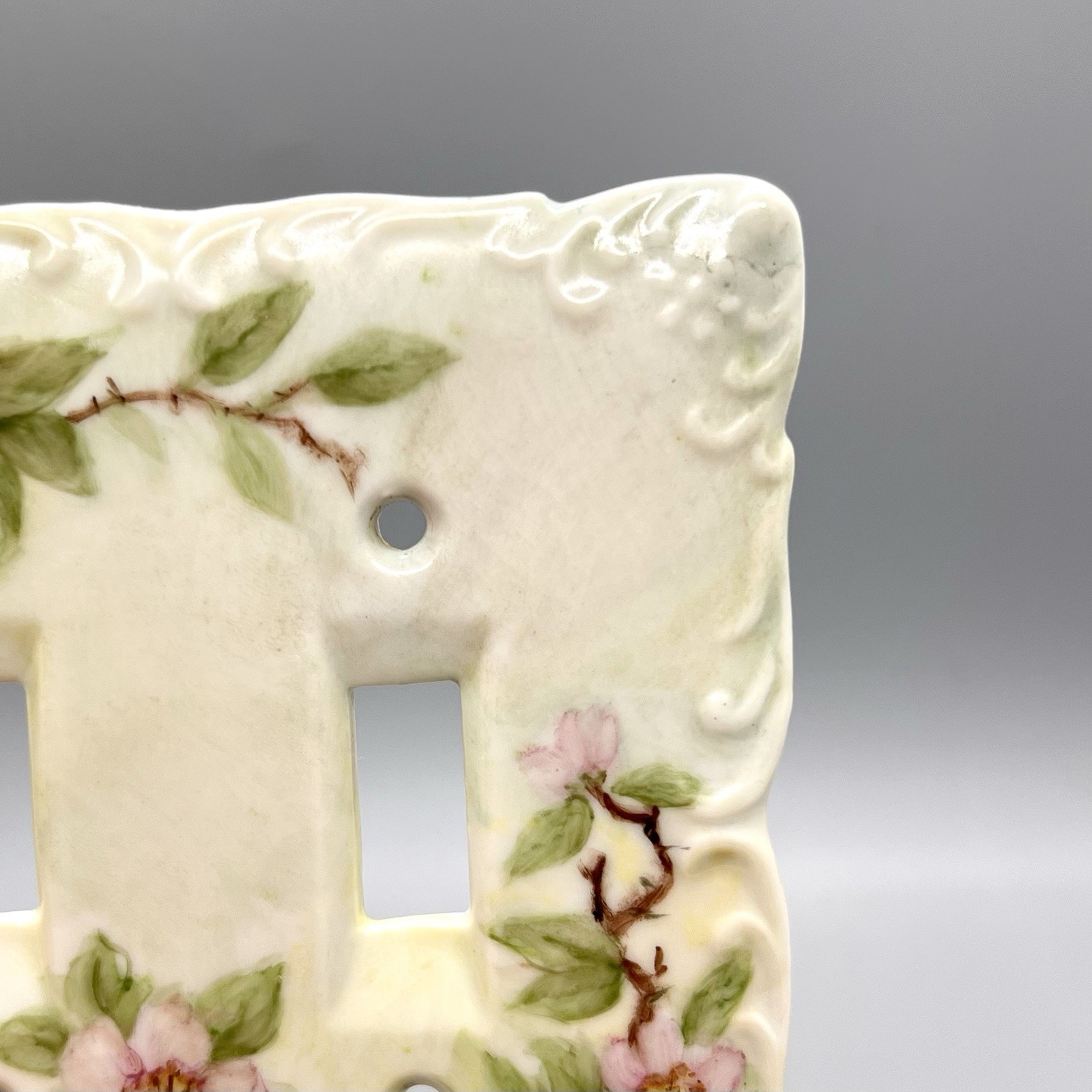 Vtg Porcelain 2-Gang Light Switch Plate Green Hand Painted Pink Dogwood Florals