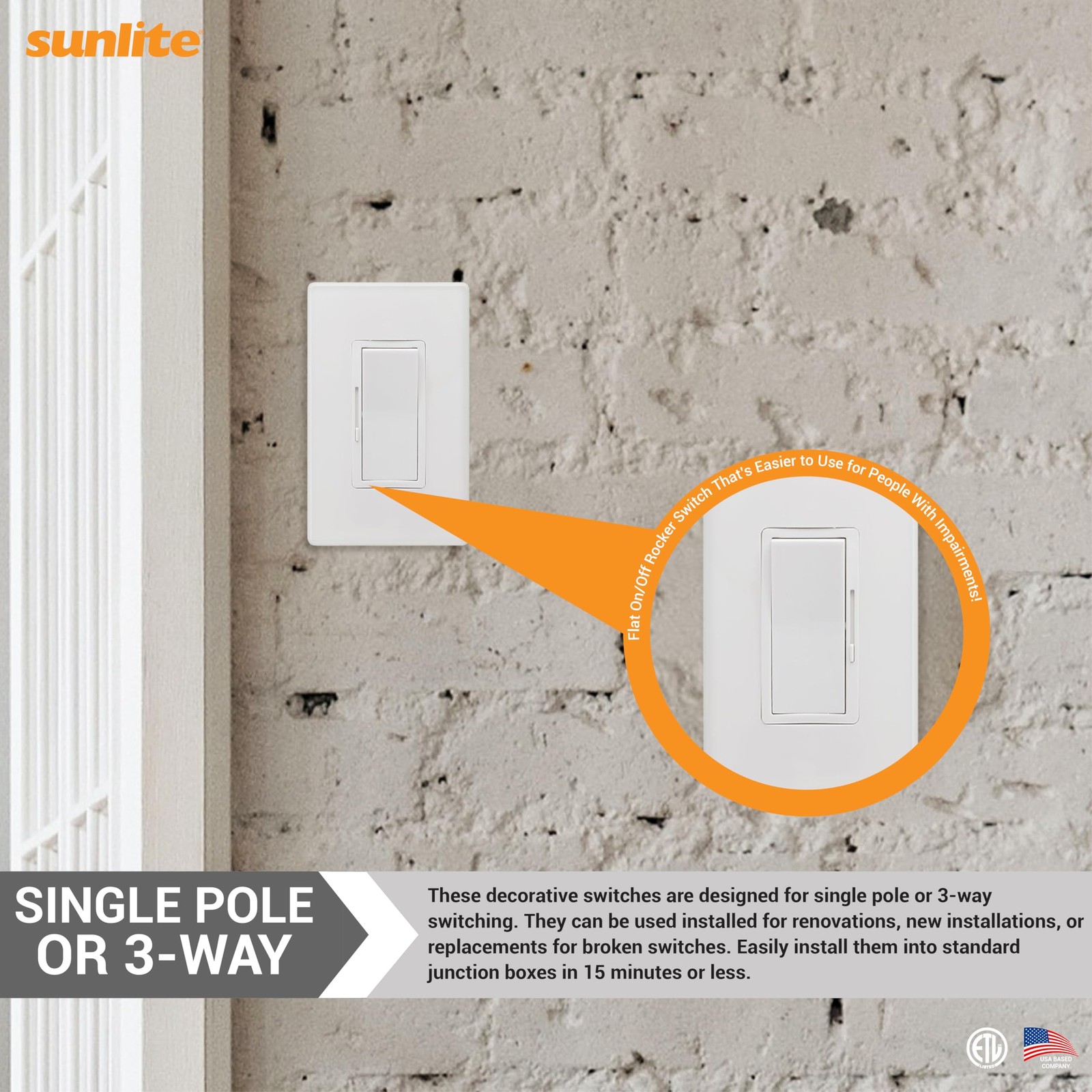 Sunlite LED Dimmer Switch, Wall Rocker Style, Slide Bar, Single Pole or White