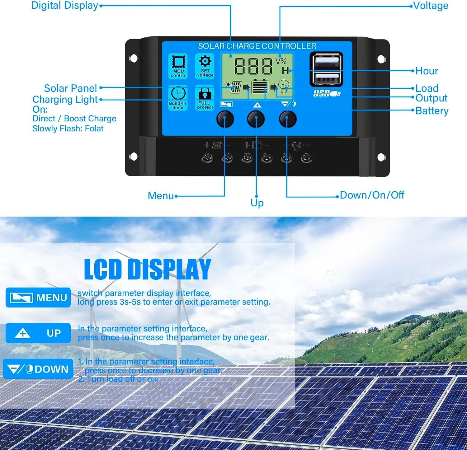 User-Friendly PWM Solar Charge Controller, LCD Display, 12V/24V Compatibility