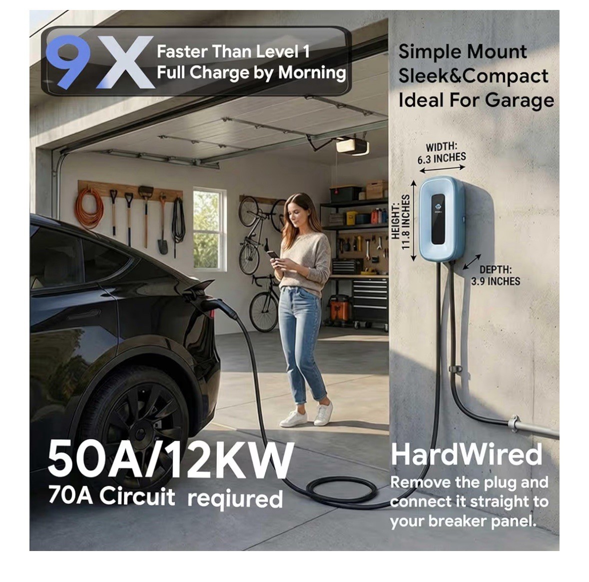 EV Charger Level 2 50A 240V Charge Station 25ft Cable WiFi/APP/RFID/Bluetooth