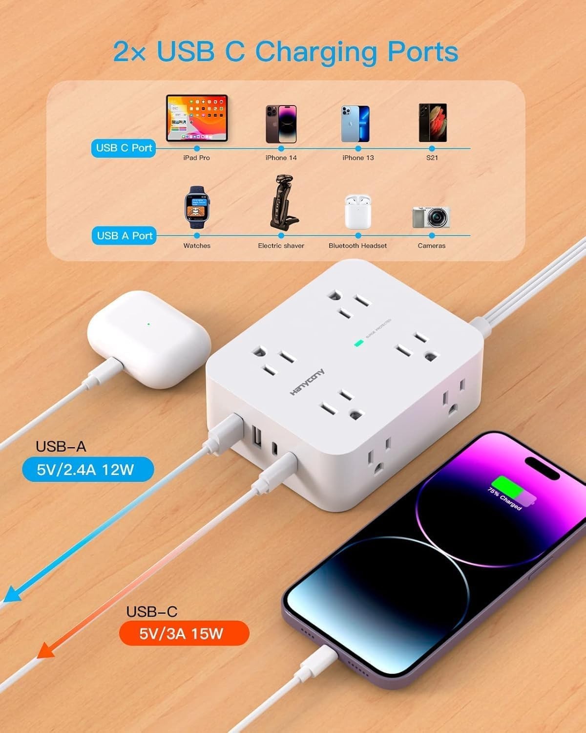 Ultra Thin 5ft Power Strip with 8 Outlets & 4 USB Ports – Safe for All Devices