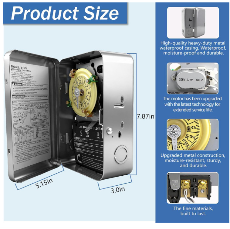 T104 Type 24 Hour Mechanical Timer Switch – 208–277 VAC, DPST, 40A