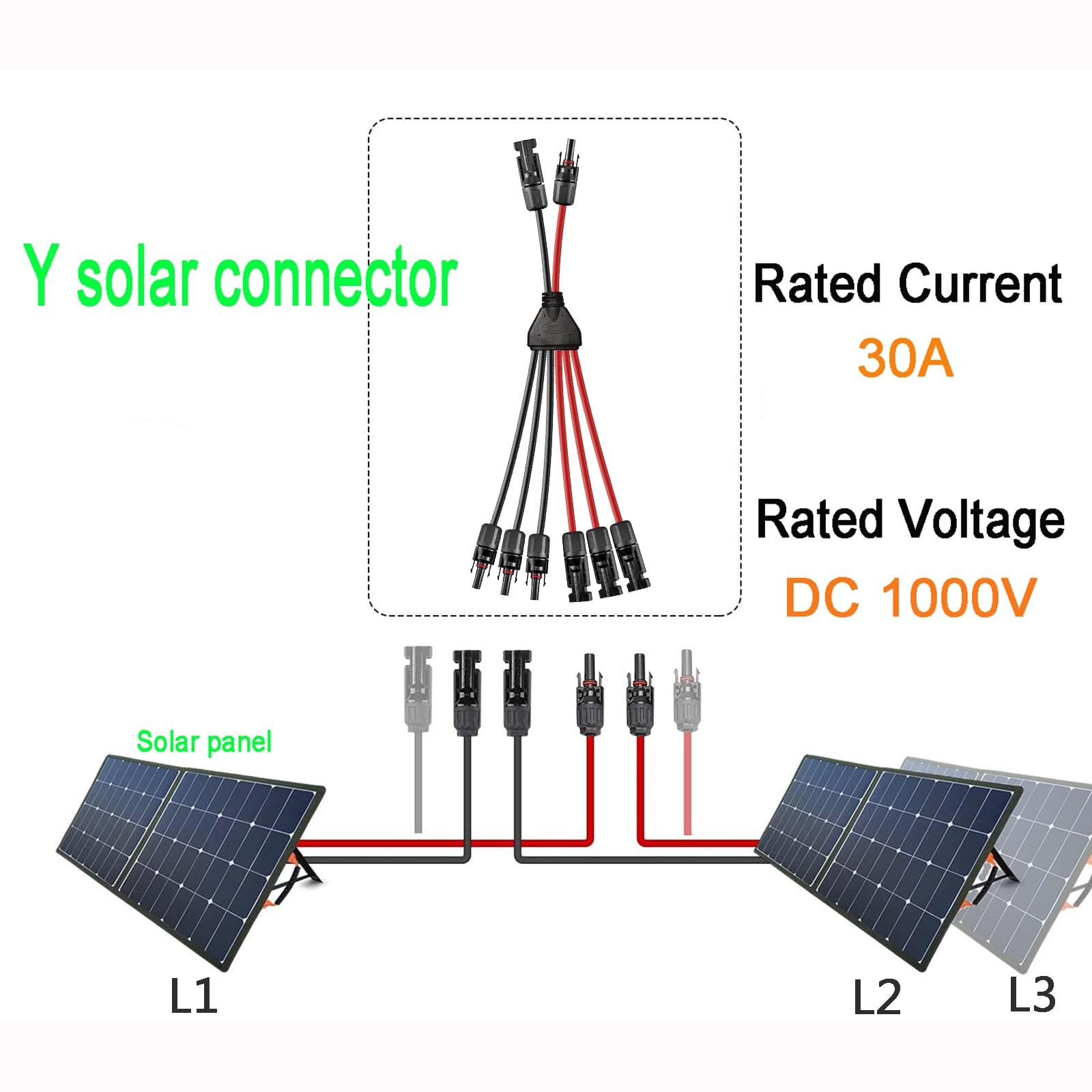 Solar Y Branch Connector 2-to-6 10AWG 45A IP68 MC4 Parallel Cable 30cm Tool-Free