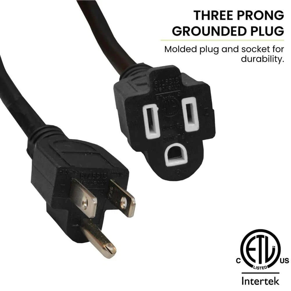 25 Ft Heavy Duty Extension Cord 16 Gauge 16/3 Outdoor Power Cord Black