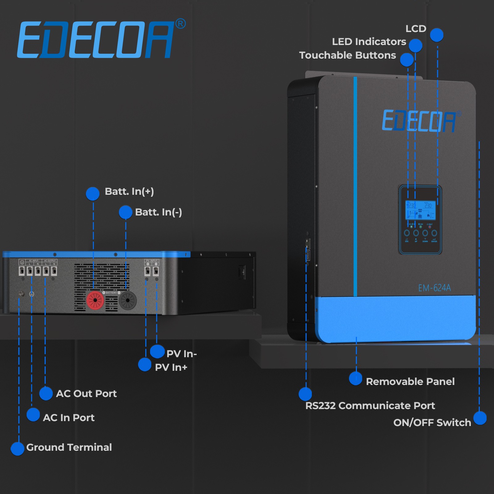 EDECOA Hybrid Inverter 48V 220V 6200W Inverter Charger PV 55-450V UPS Function