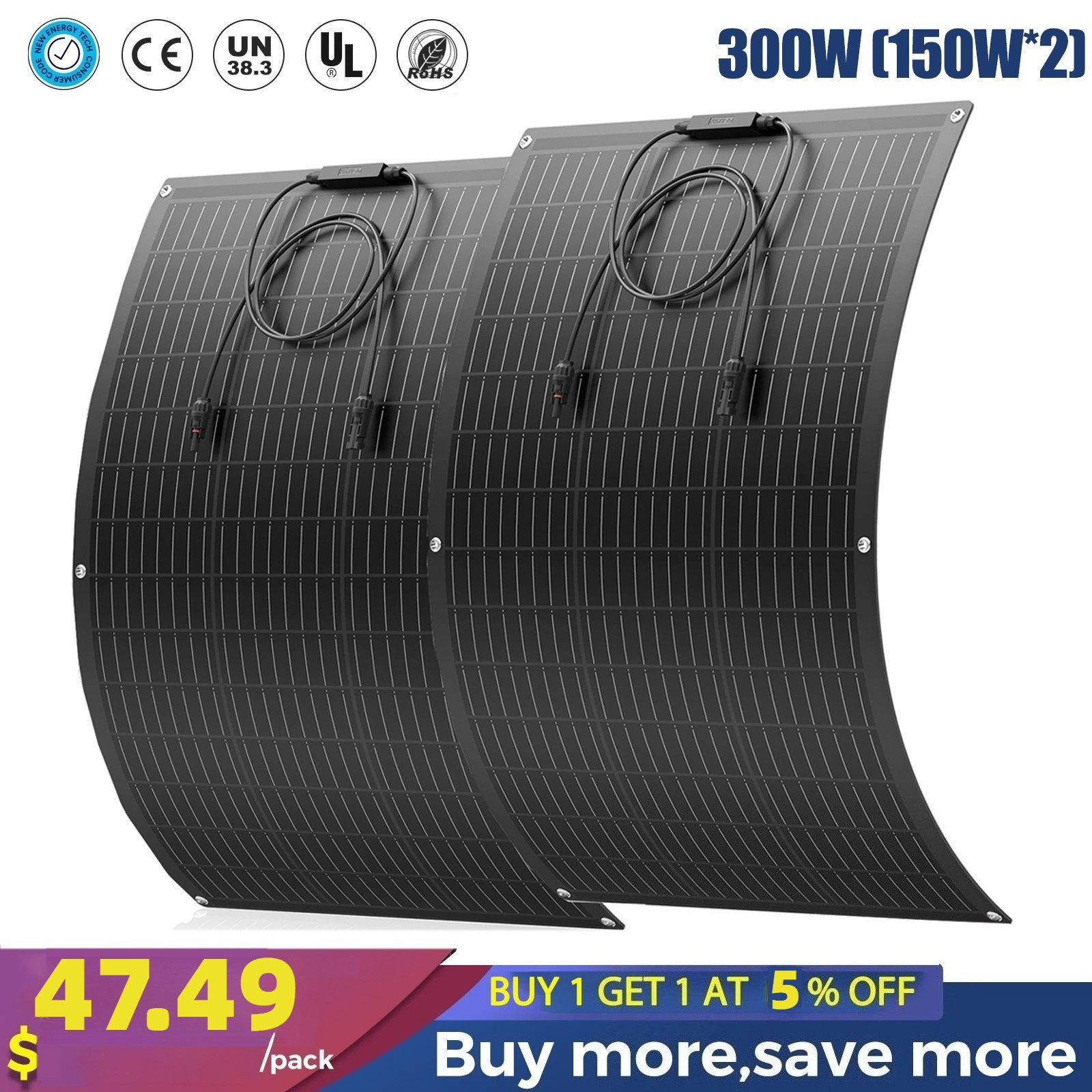 150W 300W 450W 600W Flexible Solar Panel Mono 12V Portable Power Camping Home RV
