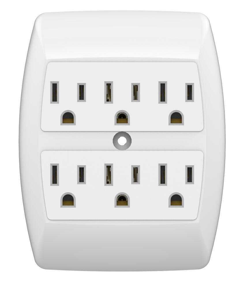 White 2 Outlet into 6 Outlet Adapter Grounded Wall Tap Indoor Electrical Plug