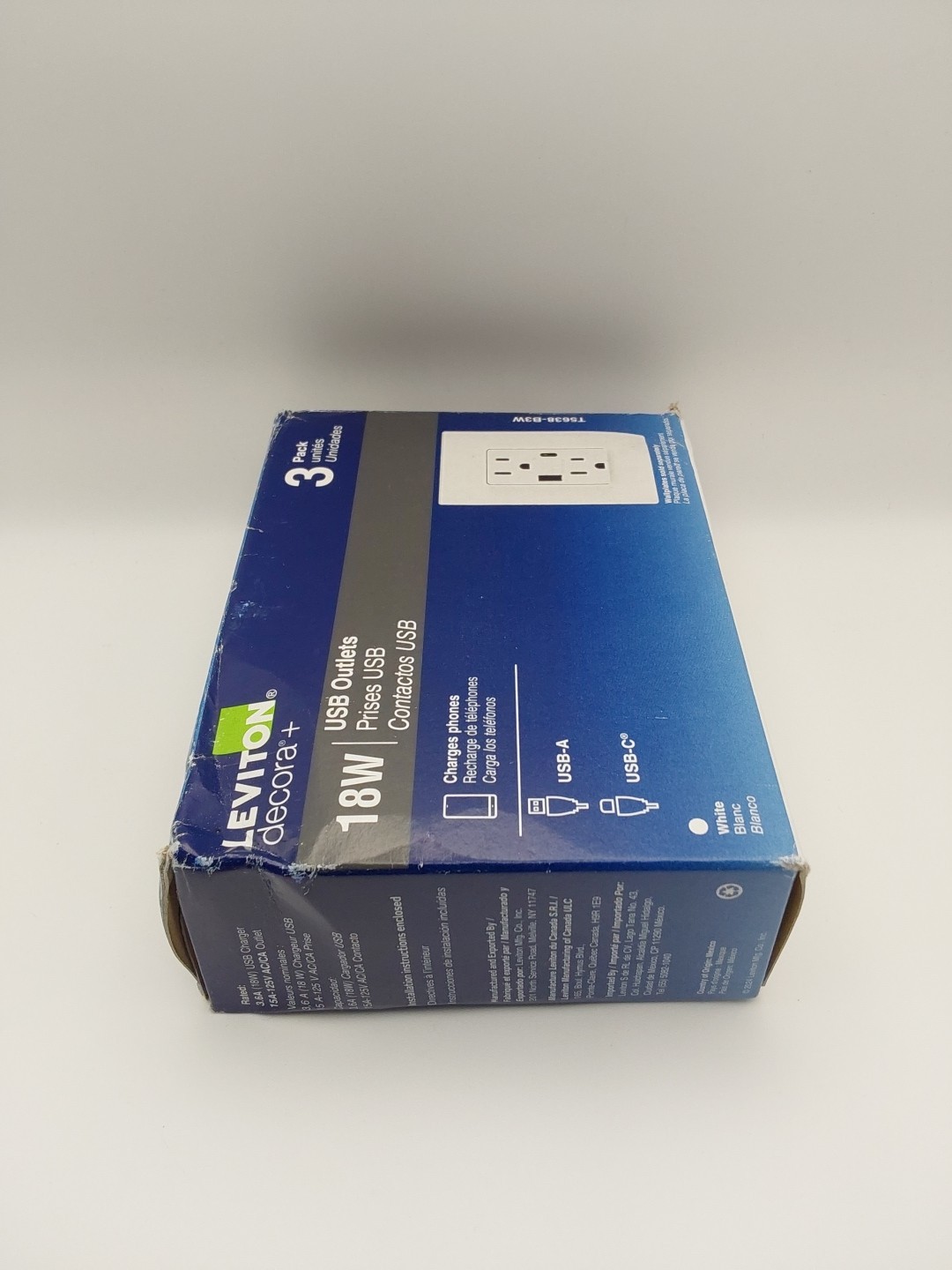 LEVITON T5638-B3W Tamper-Resistant 18W USB-A & USB-C Duplex OUTLETS 3 Pack F4