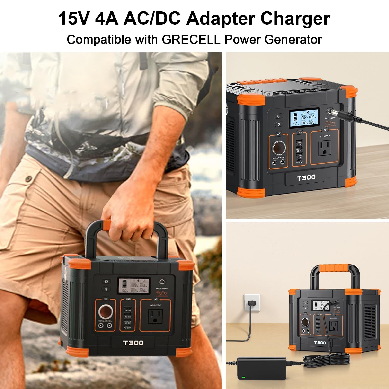 15V AC/DC Adapter Charger for GRECELL T300 300W Power Station 7.5 feet, Black