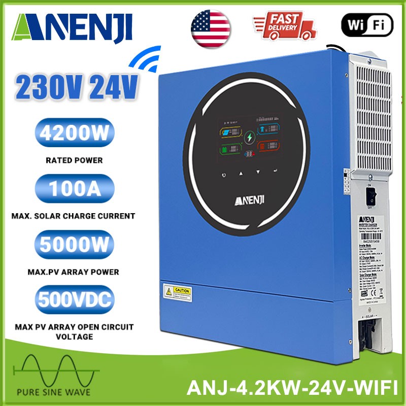 4200W 24V Hybrid Solar Inverter 230V On Off Grid MPPT Charger 100A WIFI 2*Output