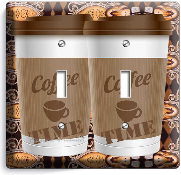 COFFEE TIME PAPER CUP LIGHT SWITCH 2 GANG PLATE ROOM KITCHEN CAFE SHOP ART DECOR