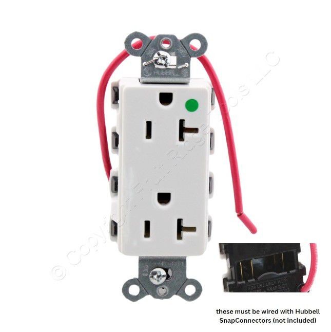 Hubbell SNAP2182WSC White 20A SnapConnect Hospital Grd Receptacle Split Circuit