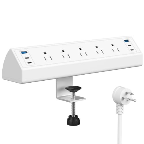 Desk Clamp Power Strip USB C,Table Surge 5 Outlets & 6 USB Ports – 40W White