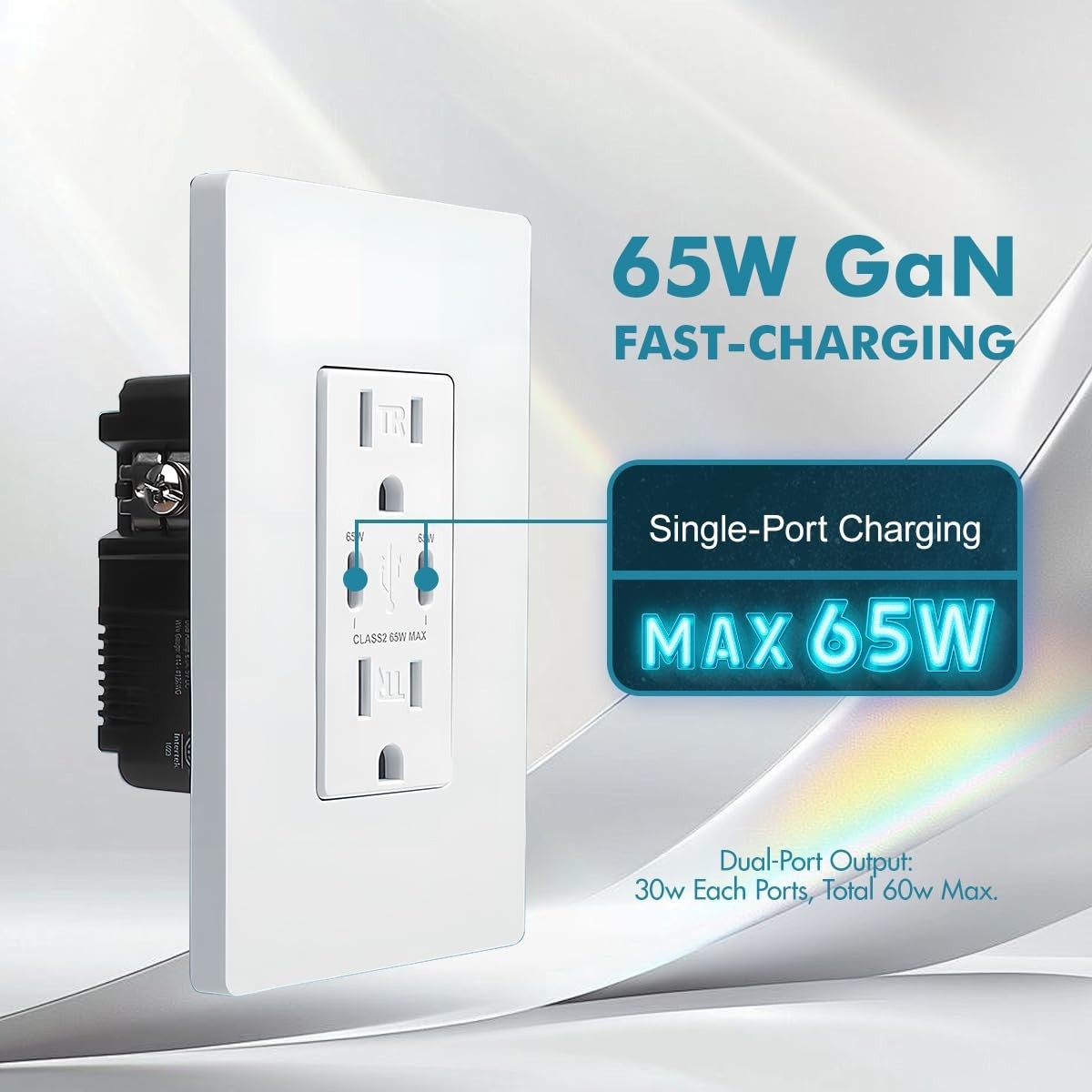 65W 2-Port USB C Wall Outlet, PD 3.0 GaN Tamper-Resistant 15 Amp