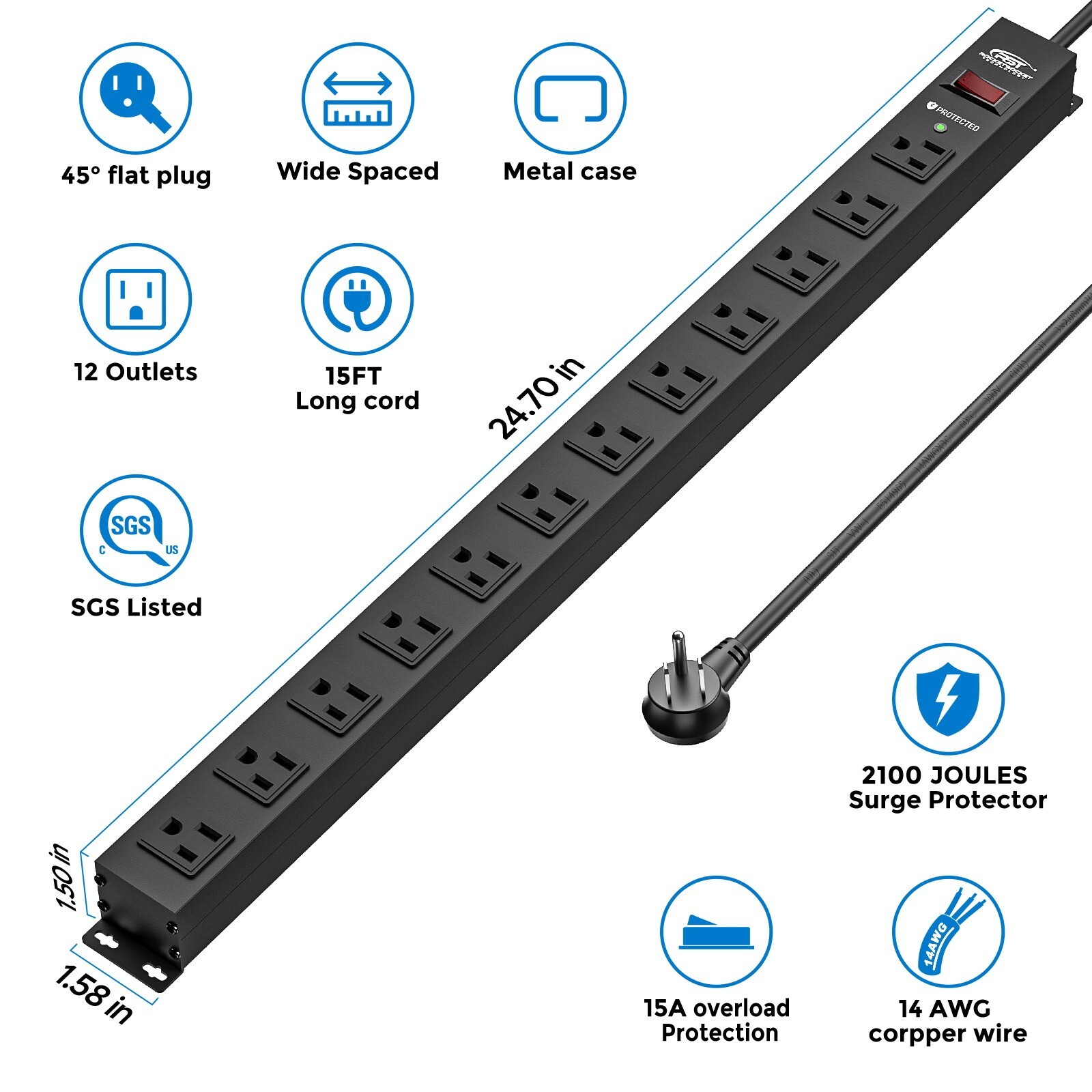 CRST 16-Outlet Heavy Duty Metal Power Strip, 15-Foot Power Cord / 15 Amps /1875W