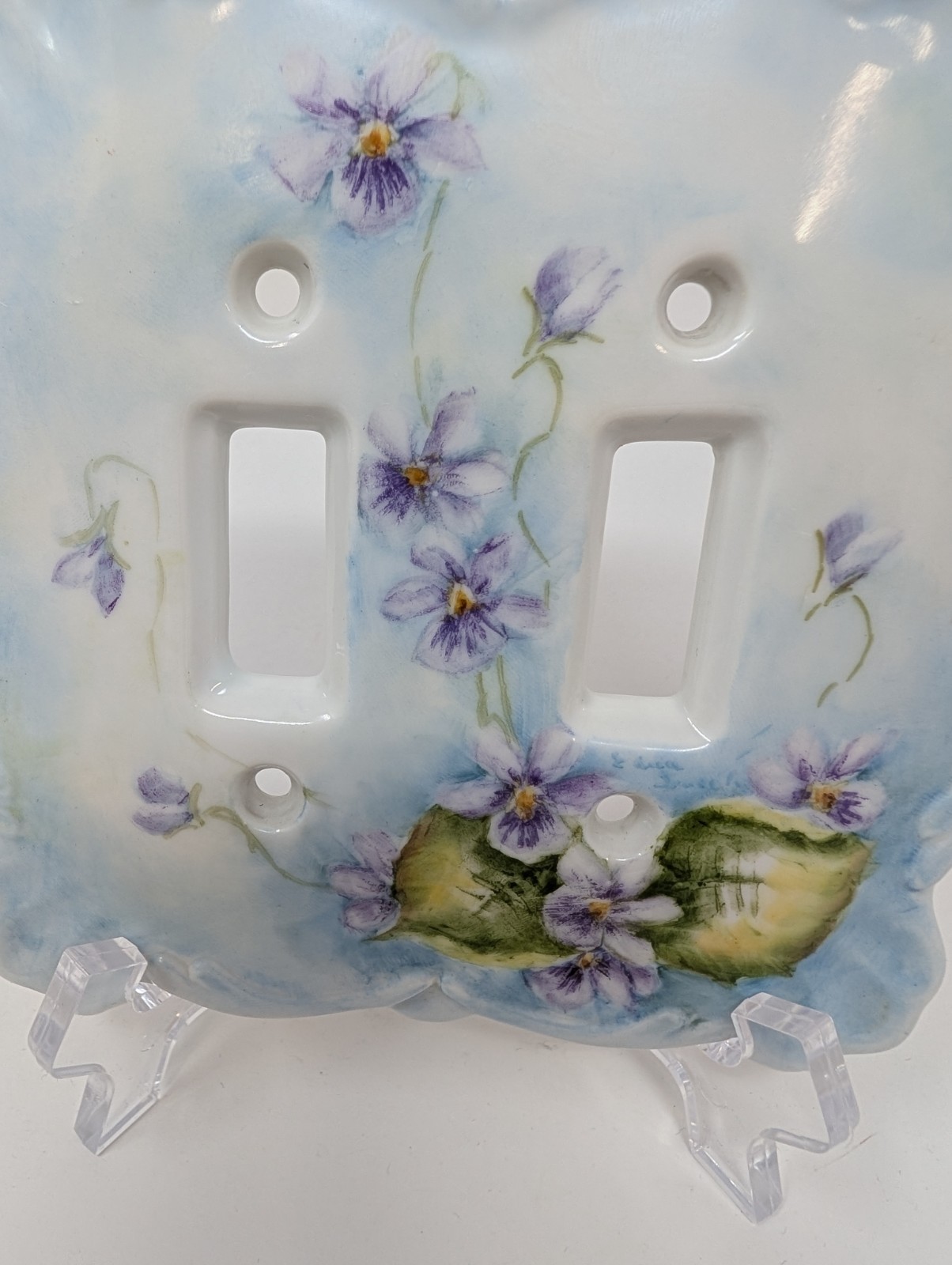 VTG Hand Painted Violets China Double Toggle Light Switch Plate Scalloped SIGNED