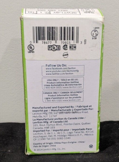 Leviton – GFTR1-GY – 15A 125V Polycarbonate Tamper Resistant Duplex Gray