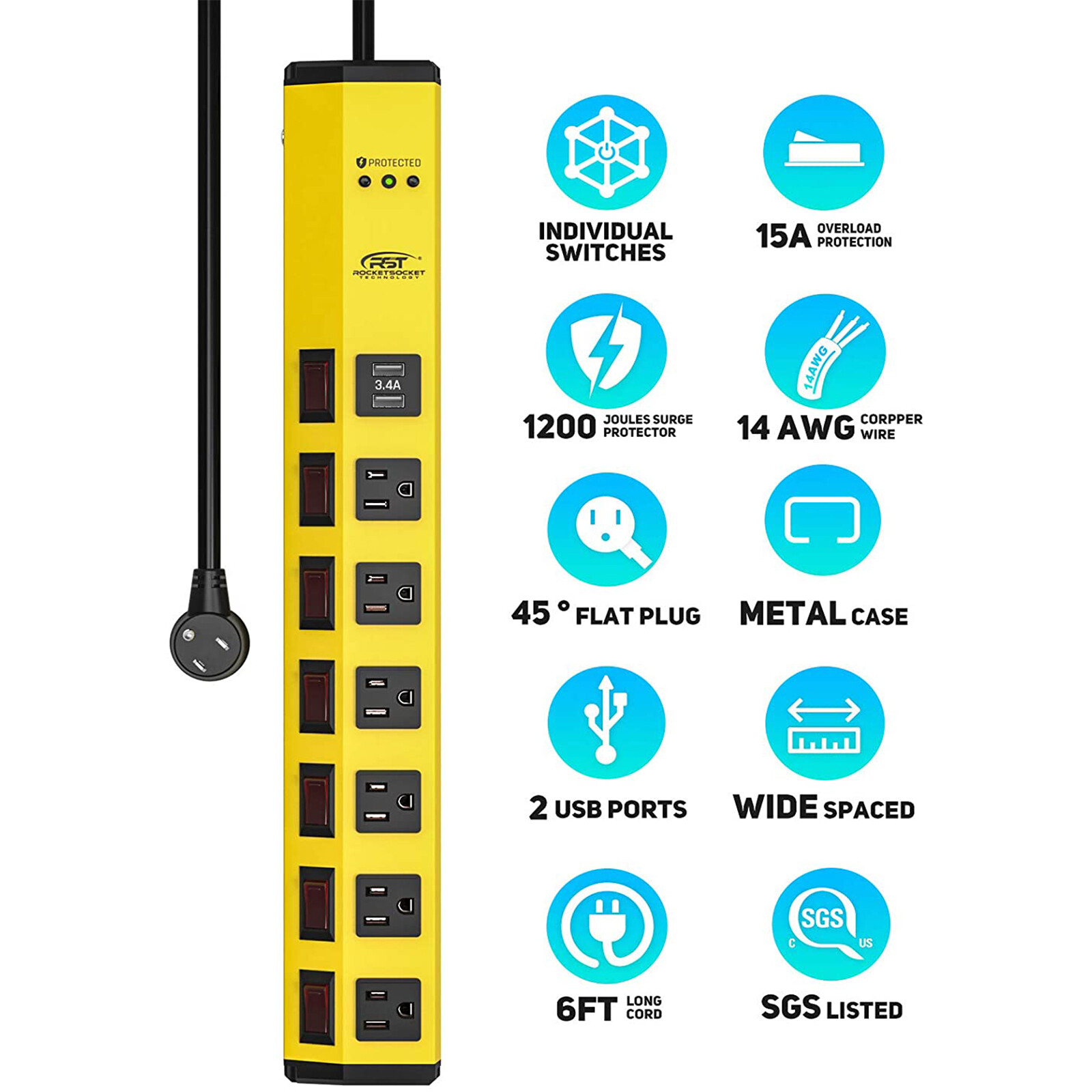 6 Outlet Metal Heavy Duty Power Strip Surge Protector with 2 USB 1200J