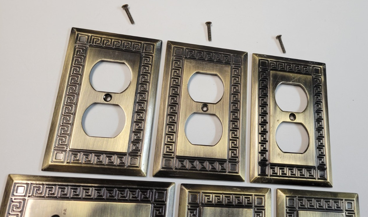 6 LHMC Outlet Switch Antique Brass Metal Covers Wall Plates Greek Key 2005 Lot