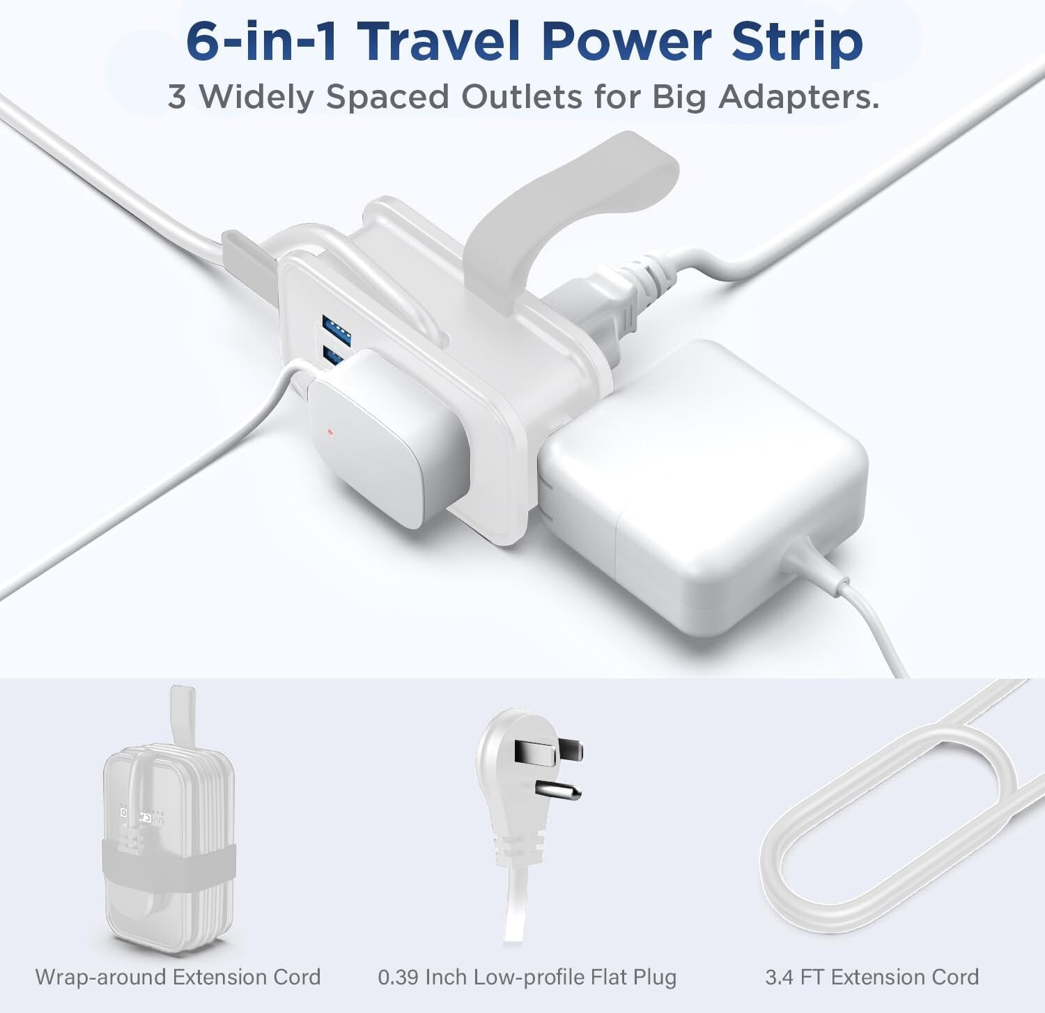 Travel Charger Power Strip Charging 3x AC, 2x USB-A QC 3.0 18w, Fast USB-C 20w