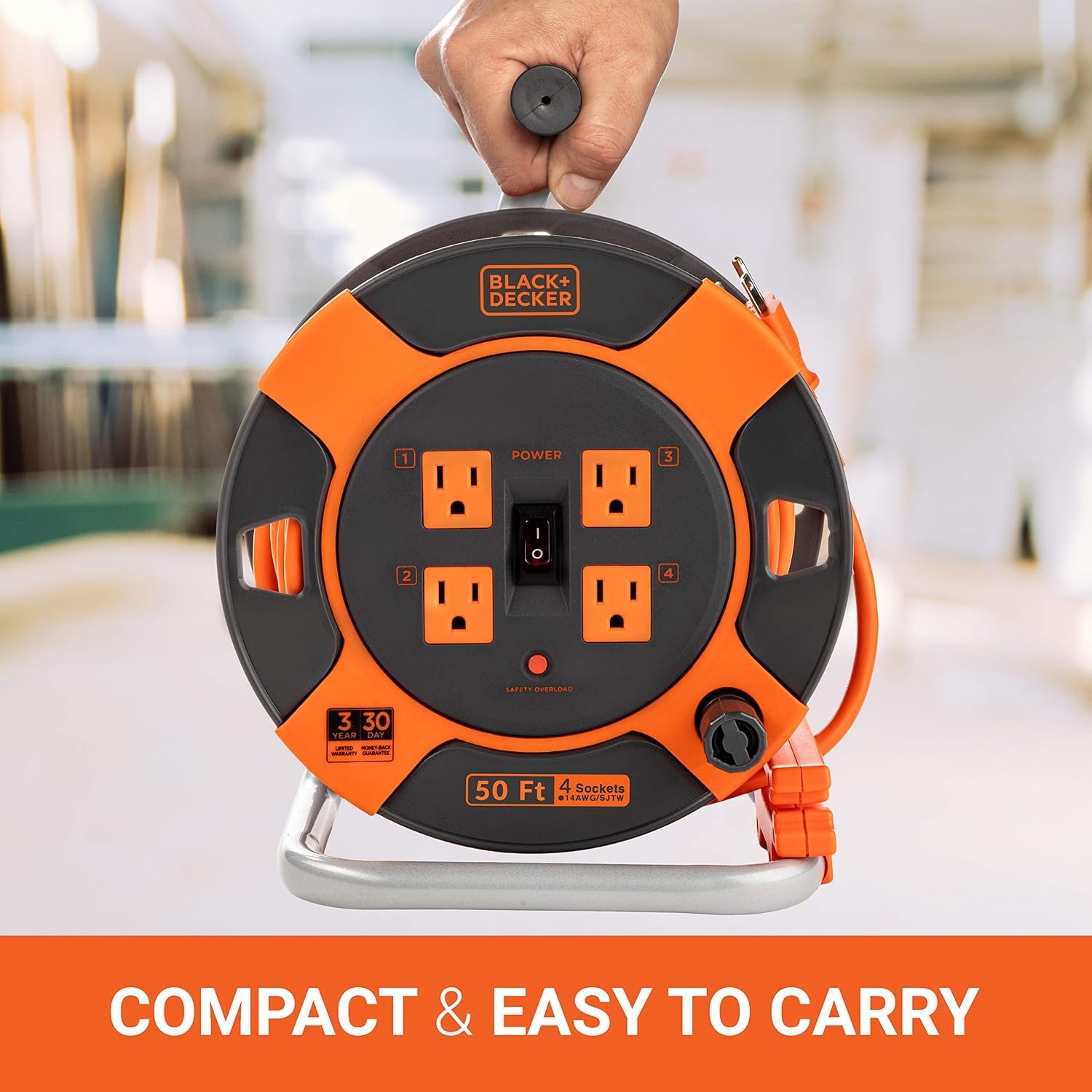 50 Ft. Retractable Extension Cord Reel With 4 Outlets, Multi-Plug Extension