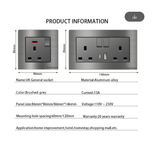 UK 13A Wall Socket Type-C 18W Fast Charge Aluminum Switch Panel