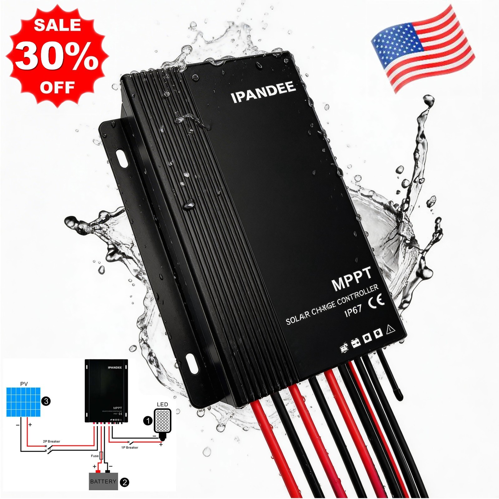 Outdoor Waterproof 30A Solar Panel Battery Charge Controller 12V/24V Auto