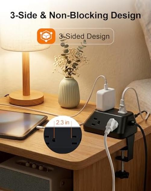 Desk Clamp Power Strip, 6 AC, 2 USB-C & 2 USB-A, 1440J, 10FT Cord | 10FT-Black