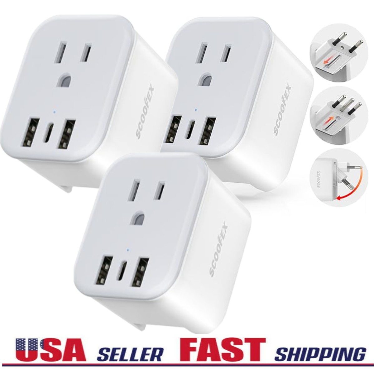 3 Pcs European Travel Plug Adapter 3 USB and 1 AC Outlets Charger to Spain Italy