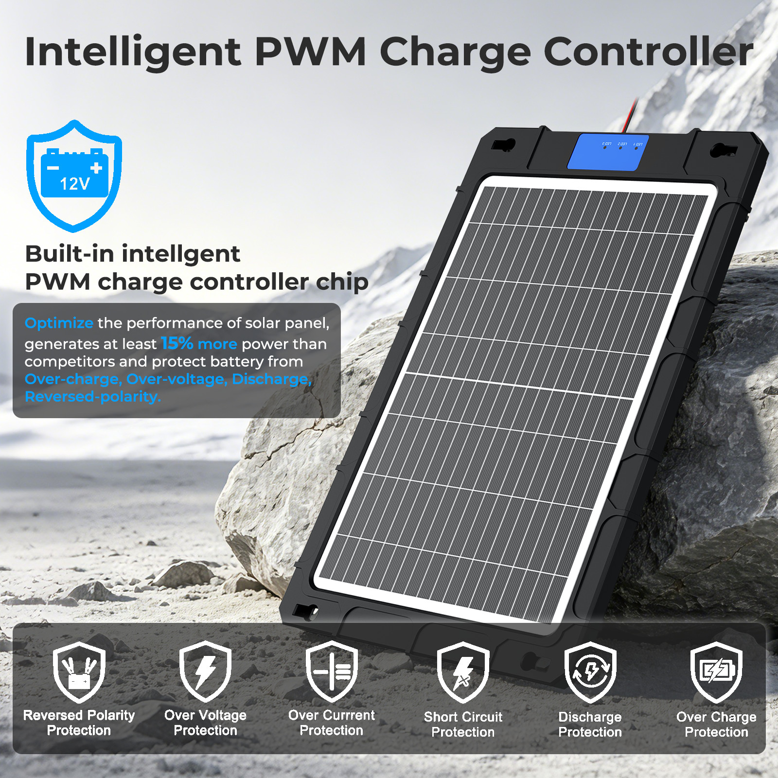 12V 12W Solar Car Battery Trickle Charger Maintainer with Smart PWM Controller