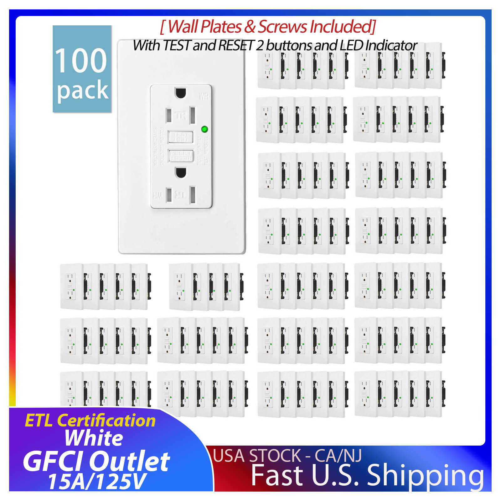 100 PK GFCI White Outlet 15A, LED Indicator, Tamper-Resistant, Weather Resistant