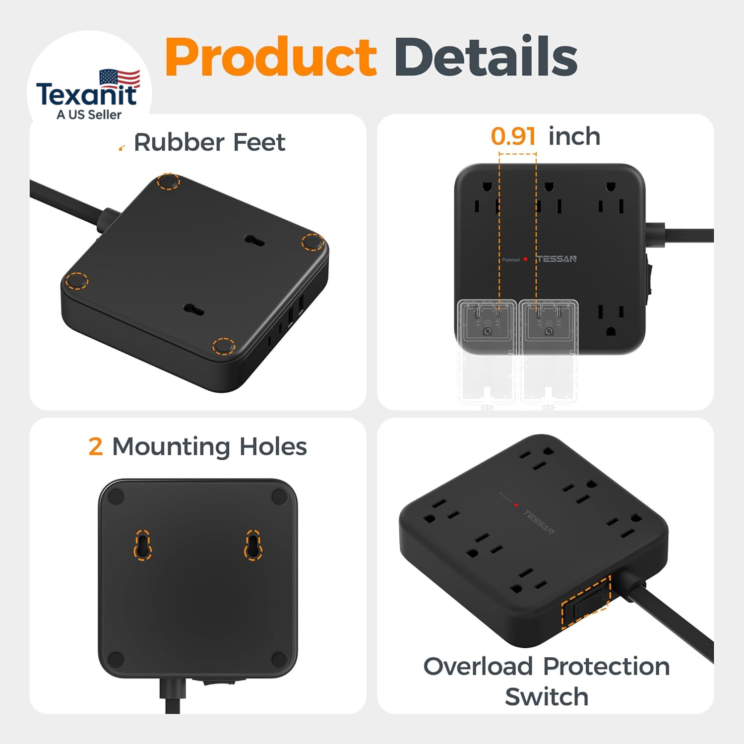10FT Surge Protector Power Strip 6 Outlets 4 USB Ports USB C 2100J
