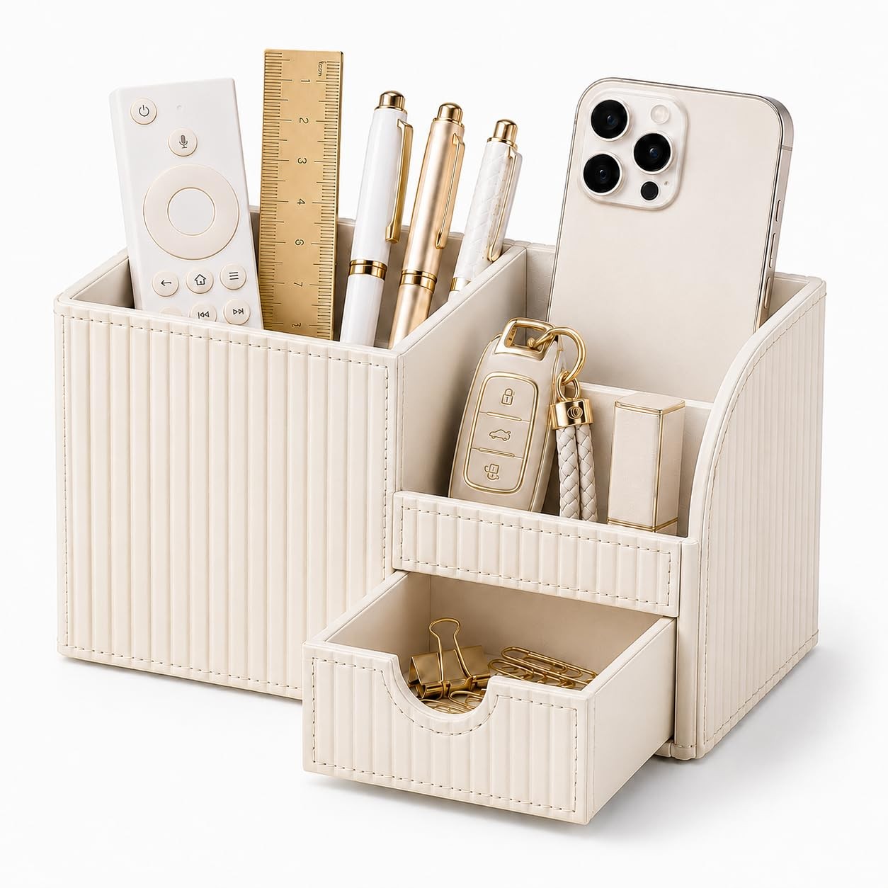 KINGFOM Luxury PU Leather Desk Organizer with Drawer, Modern Aesthetic Office De