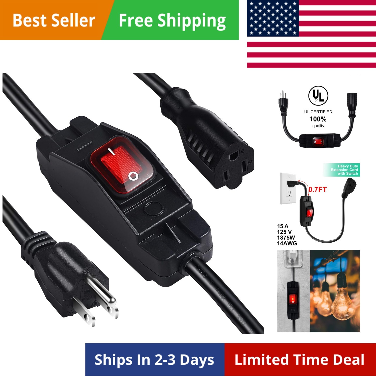 Outdoor Waterproof On/Off Switch Extension Cord, Heavy Duty 125v/250v Black S…