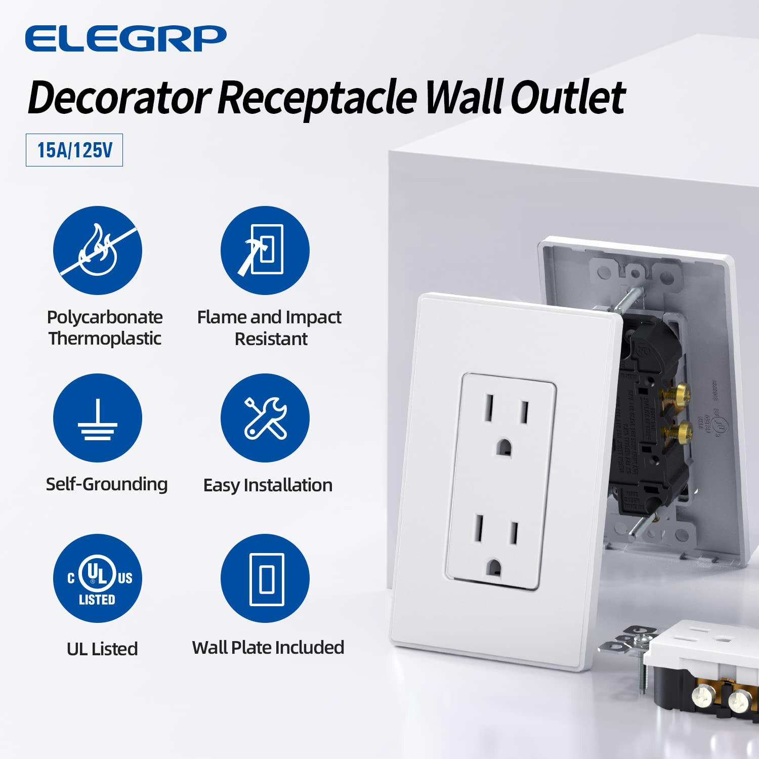 Matte White Standard Decorator Electrical Wall Receptacle Outlet, 15A 125V, 2…