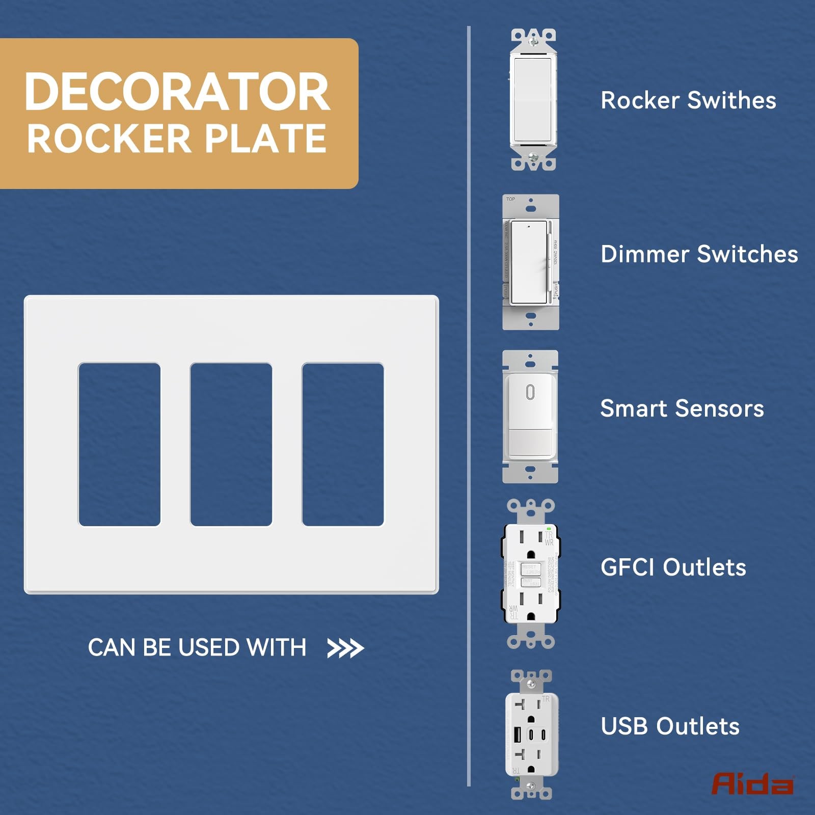 AIDA 3-Gang Midsize Mid-size Wall Plate, Matte White Screwless Plate