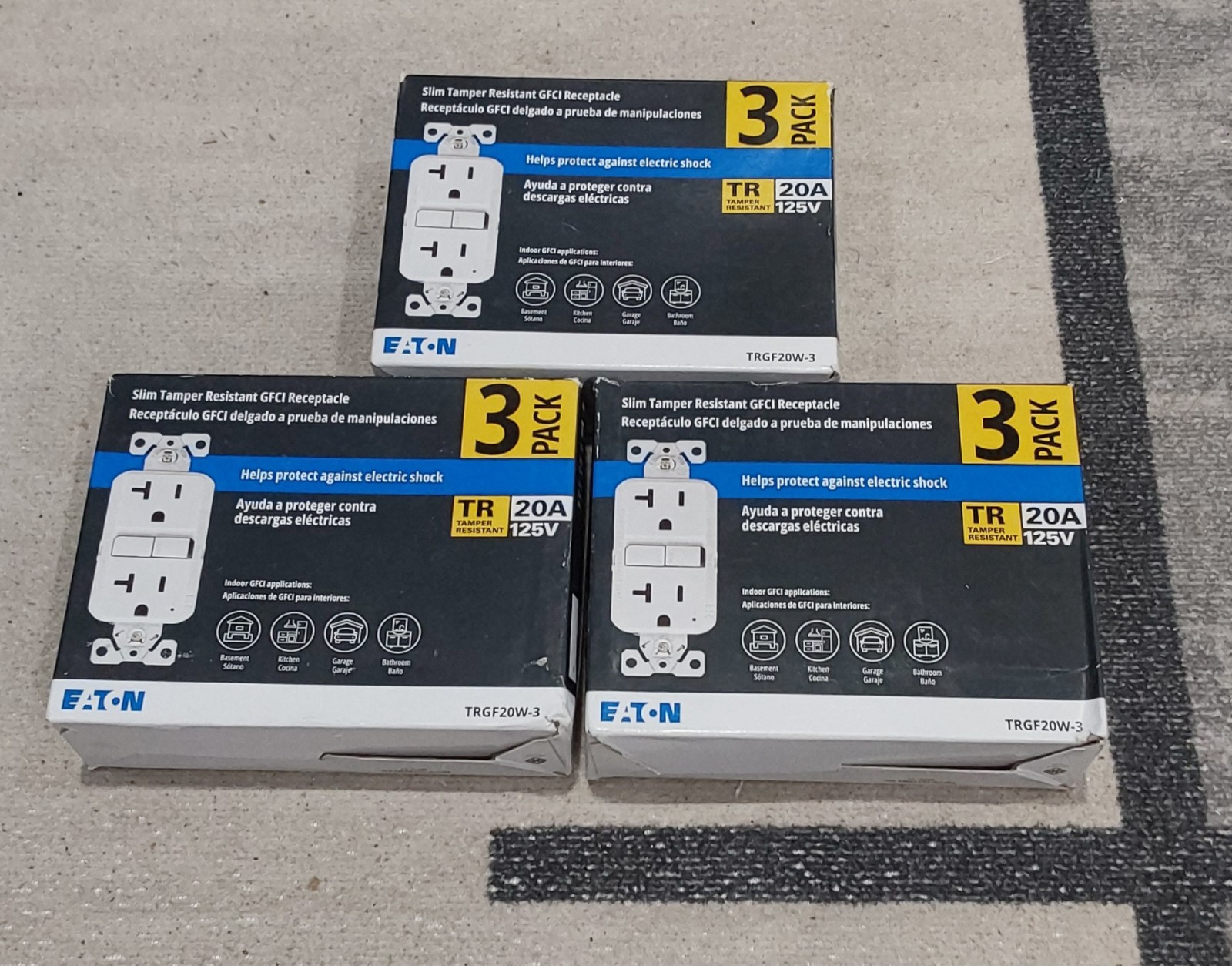 EATON TRGF20W-3 20 Amp TAMPER RESISTANT GFCI RECEPTACLES 3-PACK WHITE LOT OF 3